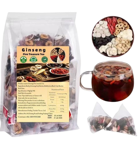 Ginseng Five Treasures Kidney Tea, Traditional Chinese Herbal TeaBags, Natural Organic Kidney Cleanse Detox Tea for Women & Men, 7 Precious Ingredients Formula(1 Pack/30 Bags)
